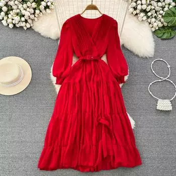 Модное платье для пляжного отдыха, путешествий, супер феи, с длинными рукавами и V-образным вырезом, облегающее талию, большое свободное платье