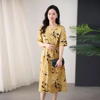 Модное платье из тонкого шелка с завышенной талией, новое весенне-летнее платье из принтованного шелка средней длины А-силуэта L золотисто-желтый