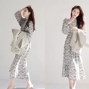 Модное платье макси с рукавами-пузырьками и тушью для женщин весной M