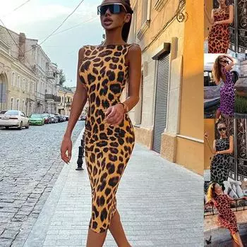 Модное платье миди с леопардовым принтом для женщин, уличная одежда с открытой спиной, сексуальное, без рукавов, летние платья для вечеринок, облегающая винтажная одежда 26174 S орион