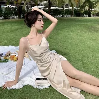 Модное платье на бретелях, французское шелковое атласное сексуальное платье с разрезом и складками, вечернее платье на бретельках S шампанского