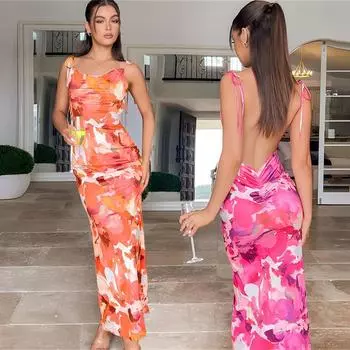 Модное платье на подтяжках с цветочным принтом, сексуальное платье с открытой спиной и кружевным принтом, длинная юбка с высокой талией, тонкое летнее женское платье S розовый