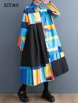 Модное платье-рубашка контрастного цвета XITAO DMJ2358 One Size синий