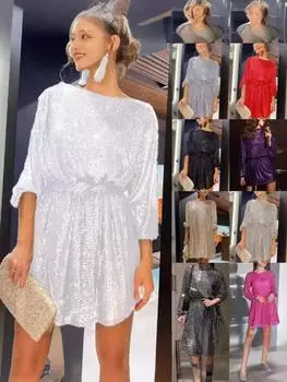 Модное платье с блестками и жемчужным принтом на талии, вечернее платье, юбка, женское платье S бежевый