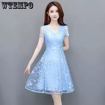 Модное платье с цветочной вышивкой, платье феи средней длины, молодая красивая модная женская юбка S небесно-голубой
