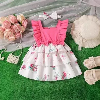 Модное платье с цветочным принтом для девочек, летнее детское платье с воротником сбоку 90cm розы красного