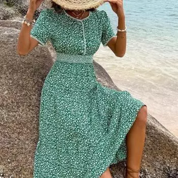 Модное платье с цветочным принтом и круглым вырезом Элегантное платье А-силуэта с коротким рукавом и зеленым принтом для весенне-летней женской одежды