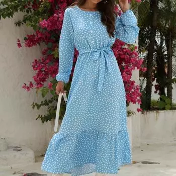 модное платье с цветочным принтом и круглым вырезом, элегантное платье с длинными рукавами и поясом на весну и осень, женская одежда M синий