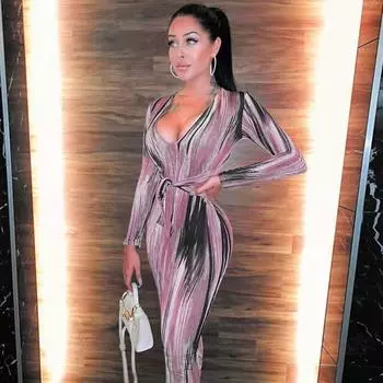 Модное платье с длинным рукавом, женское платье макси с принтом тай-дай, сексуальные облегающие платья в полоску с v-образным вырезом для женской одежды S розовый