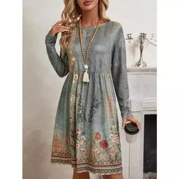 Модное платье с круглым вырезом и длинным рукавом, новое женское повседневное свободное элегантное летнее вечернее платье, женские цветочные платья А-силуэта, одежда 2818 S