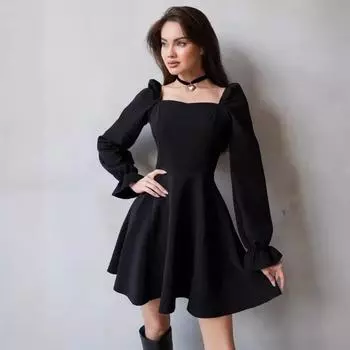 Модное платье с квадратным вырезом и рукавами-фонариками, с высокой талией, утягивающее вечернее платье, вечерние платья S чёрный