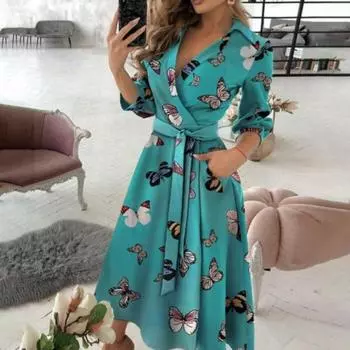 Модное платье с принтом для женщин. Элегантное винтажное платье трапециевидной формы с v-образным вырезом и длинными рукавами. S оранжевый