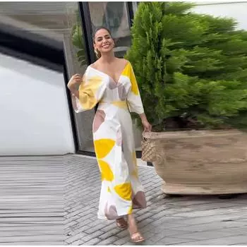 Модное платье с V-образным вырезом и принтом, закрывающее талию, женское весеннее элегантное облегающее платье с высокой талией, женская одежда для поездок на работу S цветочные печати