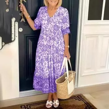 Модное платье с V-образным вырезом и цветочным принтом, рукав 7/4, свободные элегантные женские летние повседневные длинные платья, женские праздничные женские платья больших размеров 1091 S розовый