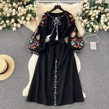 Модное платье с вышивкой для женщин, повседневный свитер с круглым вырезом, длинным рукавом, шнуровкой, поясом, платья А-силуэта, праздничные, новые One Size чёрный