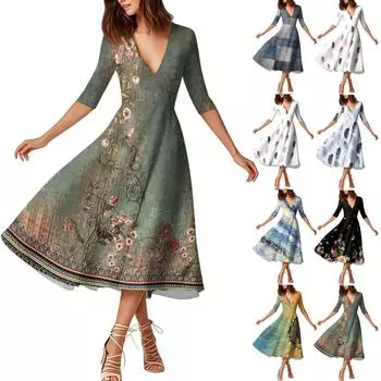 Модное платье средней длины с рукавами средней длины, цветочным принтом и сексуальным V-образным вырезом S