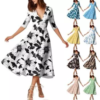 Модное платье средней длины с рукавами средней длины, цветочным принтом и сексуальным V-образным вырезом XL коричневый