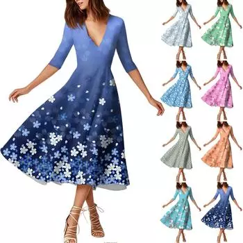 Модное платье средней длины с рукавами средней длины, цветочным принтом и сексуальным V-образным вырезом XL розовый