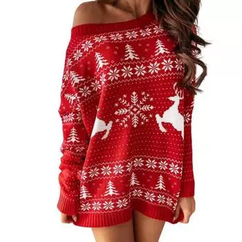 МОДНОЕ платье-свитер с ребристой отделкой, теплое выше колена, шикарное жаккардовое мини-платье с принтом рождественской елки, оленей и снежинок для отпуска S красный