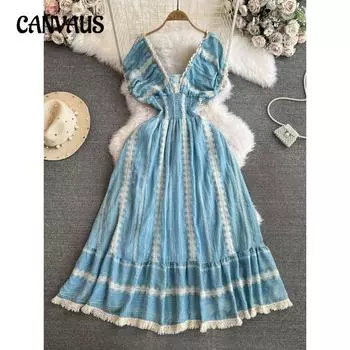 Модное платье в стиле бохо с V-образным вырезом и кисточками, утягивающее, длинное платье для отдыха на море S синий