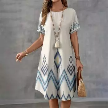 Модное платье в стиле бохо с круглым вырезом и короткими рукавами в стиле ретро в полоску для женщин S