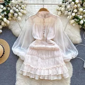 Модное плиссированное мини-платье для вечеринки, женское платье с рукавами-фонариками и пуговицами, высокой талией, многослойные шифоновые платья с оборками S бежевый