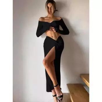 Модное плиссированное модное асимметричное платье с открытой спиной и разрезом Black S3713419W S