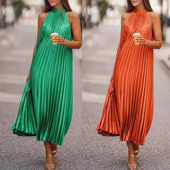 2025 женское двухцветное мягкое плиссированное платье макси без рукавов, модное круглое платье с халтером и цветными блоками, повседневное длинное платье, новая летняя свободная праздничная юбка S зелёный