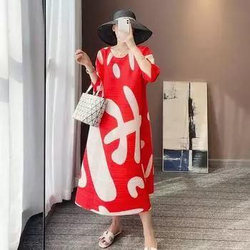 Модное плиссированное платье, новое лето, горизонтальные плиссированные стрейч-принты, свободное платье большого размера с длинными рукавами и круглым вырезом, топы M чёрный