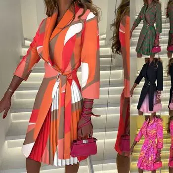 Модное плиссированное платье с v-образным вырезом на талии и рукавами 3/4 для женщин, оранжево-черные вечерние платья миди S чёрный