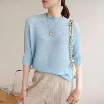 Модное плиссированное платье, женское геометрическое платье с половиной рукавом большего размера, круглый воротник, дикий хит цвета, повседневная весенне-летняя одежда One Size чёрный