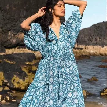 Модное пляжное платье с цветочным принтом для женщин на лето, повседневное свободное женское платье с рукавами-фонариками, элегантное длинное платье 26493 S орион
