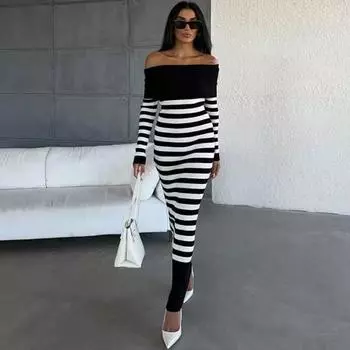 Модное полосатое повседневное трикотажное сексуальное платье с разрезом по горловине женское винтажное длинное платье с открытыми плечами женские платья элегантное облегающее летнее макси-платье 25951 One Size белый