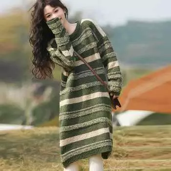 Модное полосатое вязаное платье-свитер для женщин, свободного кроя и удлиненное, утолщенное и мягкое платье L чёрный