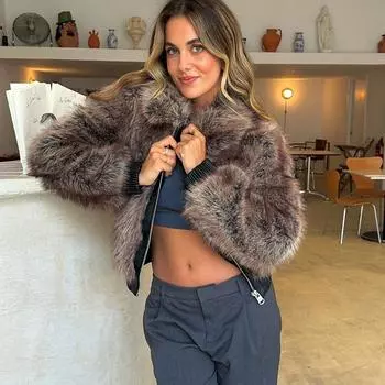 Модное полупальто из искусственного меха для женщин с отворотом, молнией и длинным рукавом, куртка в стиле пэчворк, осенне-зимняя теплая уличная верхняя одежда с карманами S