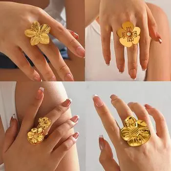 Модное популярное крупное кольцо-цветок из нержавеющей стали для женщин, ювелирные изделия из титановой стали для отпуска, элегантное свадебное кольцо золотого цвета