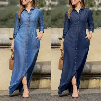 Модное повседневное платье-рубашка больших размеров для женщин, однотонное асимметричное однобортное макси-платье, женское винтажное платье с длинным рукавом, свободное длинное платье для вечеринок 958 S чёрный