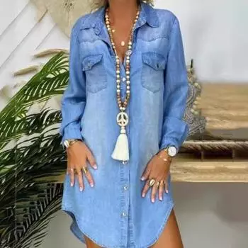 Модное повседневное джинсовое платье-рубашка с длинным рукавом, женское синее однобортное свободное короткое платье размера плюс, модное летнее элегантное вечернее платье 582 S синий