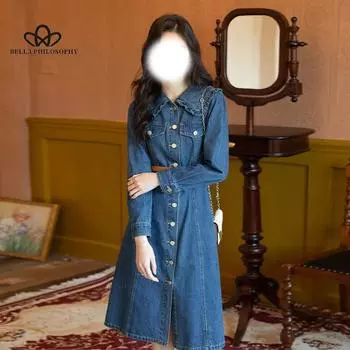 Модное повседневное джинсовое платье, женское весеннее платье средней длины в стиле ретро с лацканами, платье трапециевидной формы с талией S синий