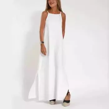 Модное повседневное хлопковое льняное платье с разрезом на шее S белый