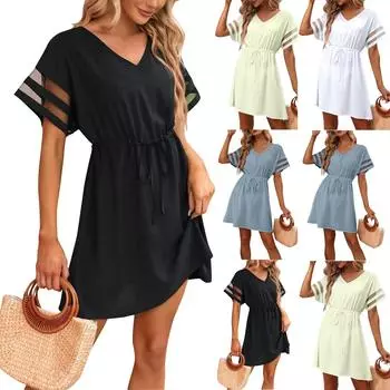 Модное, повседневное и удобное сетчатое платье с короткими рукавами и V-образным вырезом на талии S чёрный