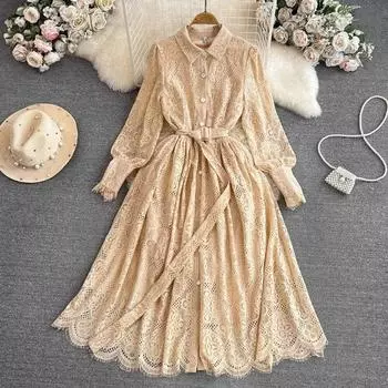 Модное повседневное кружевное платье-рубашка цвета хаки, женские однобортные платья с рукавами-фонариками и поясом с цветочным принтом, ажурные вязанные крючком вечерние платья S хаки