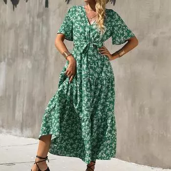 Модное повседневное летнее платье с принтом, повседневные зеленые платья с v-образным вырезом и цветочным принтом, элегантное богемное платье с короткими рукавами, Vestidos 25014