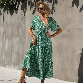 Модное повседневное летнее платье с принтом, повседневные зеленые платья с v-образным вырезом и цветочным принтом, элегантное богемное платье с короткими рукавами, Vestidos 25014