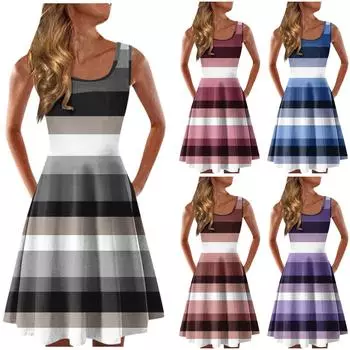 Модное повседневное летнее платье в полоску с принтом и круглым вырезом без рукавов для женщин L синий