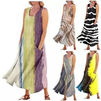 Модное повседневное однотонное хлопковое льняное платье без рукавов с карманами L бежевый