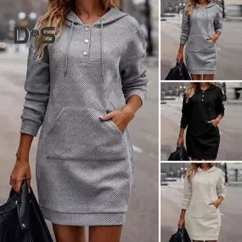 Модное повседневное однотонное платье с капюшоном с капюшоном и шнурком с длинным рукавом и передним карманом, женский пуловер, мини-платье, уличная одежда M чёрный