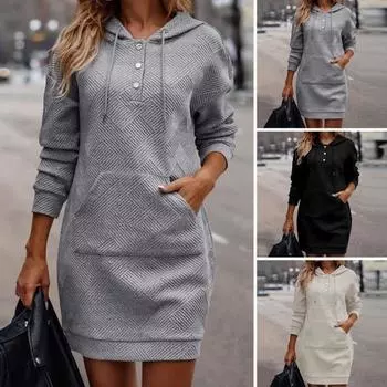 Модное повседневное однотонное платье с капюшоном с капюшоном и шнурком с длинным рукавом и передним карманом, женский пуловер, мини-платье, уличная одежда M чёрный