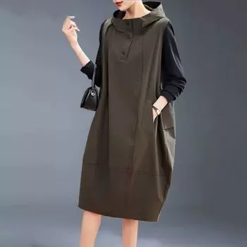 Модное повседневное платье для женщин: Осеннее корейское платье с капюшоном и цветными блоками в стиле пэчворк, длинное M чёрный