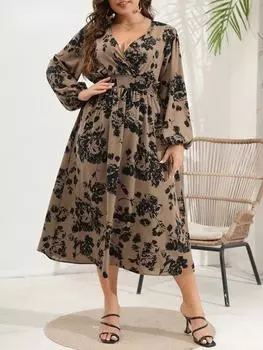 Модное повседневное платье с длинным рукавом и V-образным вырезом, женское элегантное винтажное платье с принтом, тонкие длинные платья трапециевидной формы, женская эстетичная шикарная одежда с тонкой эластичной талией XL чёрный